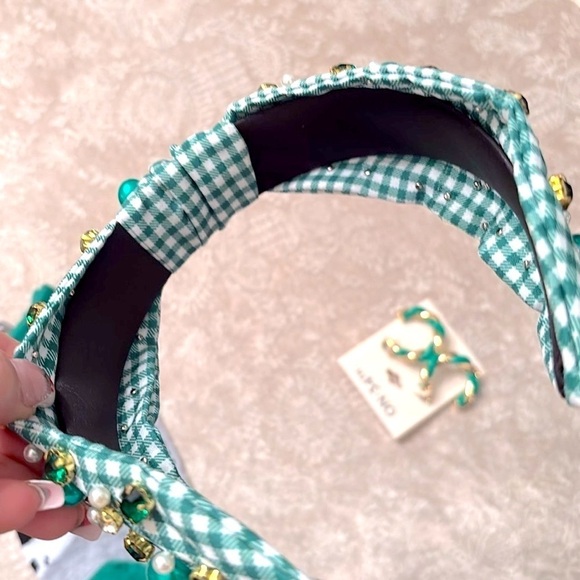 Brand New St. Patrick Day Set Green Beaded Gingham Headband Disney Socks Hoops main image 11